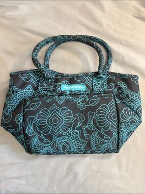 Tupperware Black and Turquoise Floral Tote lunch bag w/ zipper closure